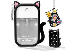 Kivzex Cat Silicone Case for Touchland Hand Sanitizer Spray with Keychain, Compatible with Power Mist & Glow Mist 1 FL Oz/30ML for Touchland Case, with Charms Accessory Cute Travel Cover Sleeve Black