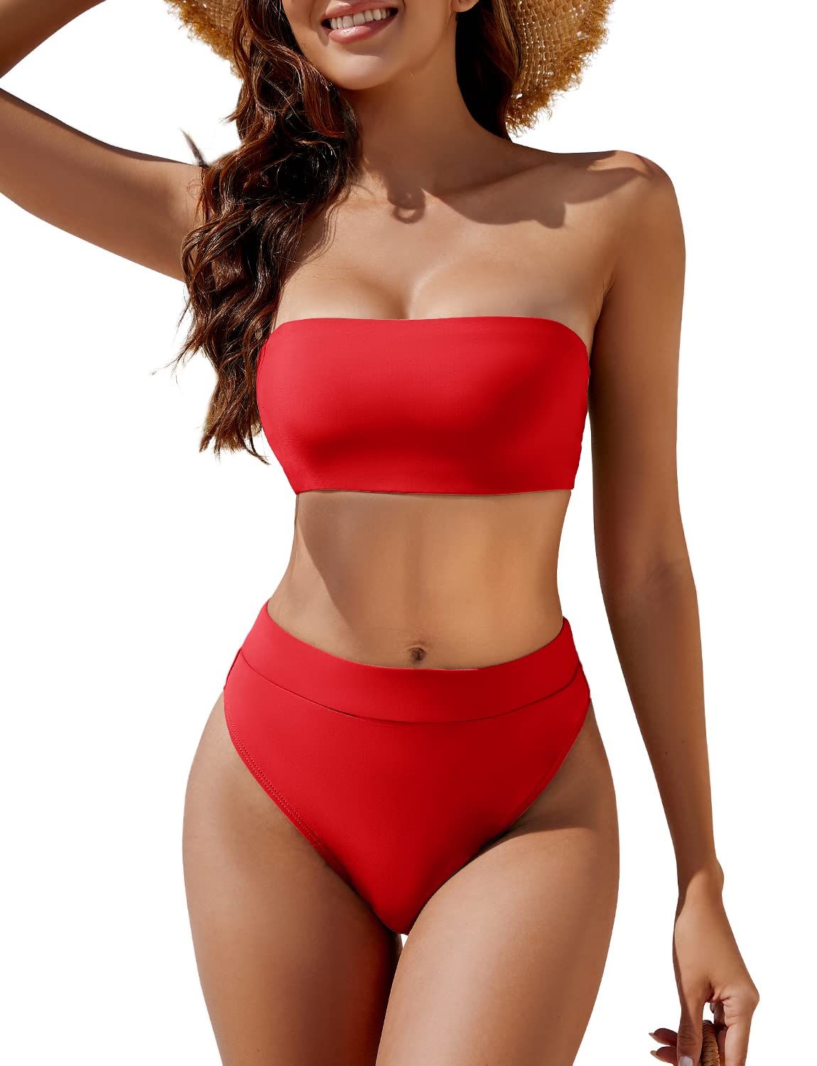 YACUN Women's High Waisted Bikini Swimsuit Two Piece Strapless Bandeau ...