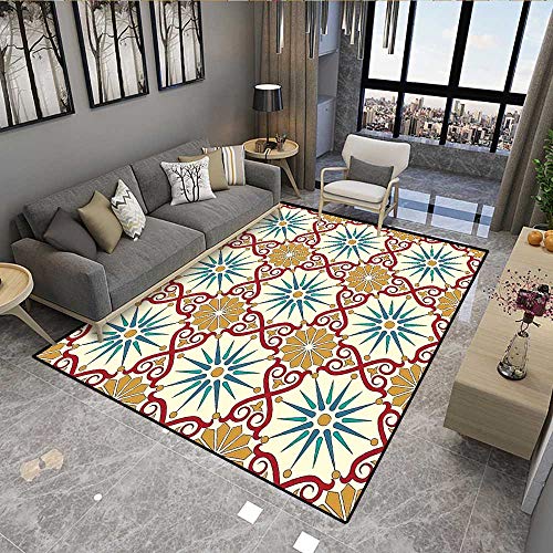 Floor Mat,Eastern Sacred Geometry Art Figures with Classical Damask Ornate Elements Image,13704D Printing Area Rug,Mustard Beige 6'x9'