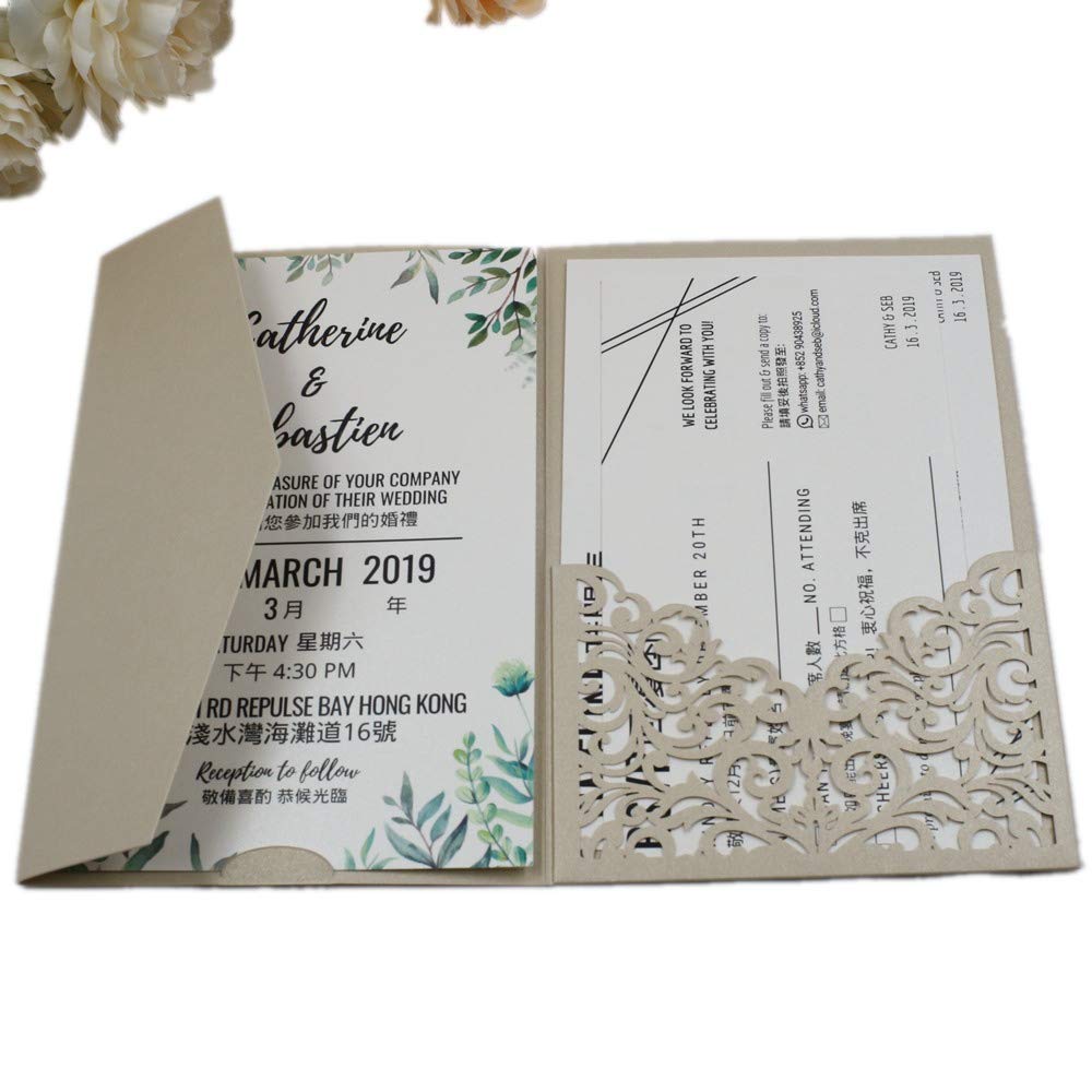25 Wedding Invitations, 12.7 x 18.5 cm, Tri-Fold Pearl Paper Laser Cut Hollow Design Greeting Invitations Envelope Only No Insert (Champagne Cover Only)