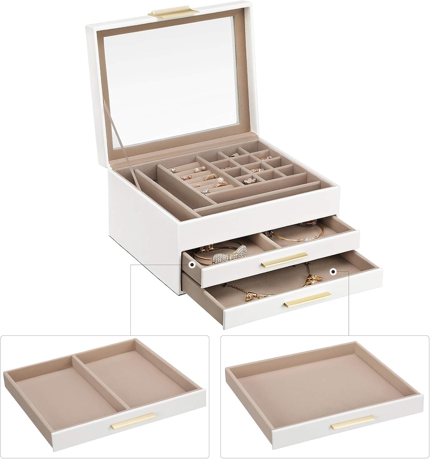 SONGMICS Jewelry Box with Glass Lid, 3-Layer Jewelry Organizer with 2 Drawers, Gift for Loved Ones, White UJBC239WT: Home & Kitchen