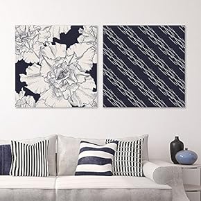 2 Panel Square Canvas Wall Art - Floral and Black Abstract Pattern Patterns - Giclee Print Gallery Wrap Modern Home Art Ready to Hang - 12"x12" x 2 Panels