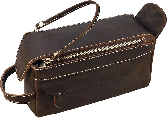 Amazon 本革 トラベルポーチ メンズ 底鋲付き 耐久 トイレタリーバッグ 男女兼用 セカンドバッグ メンズ レトロ 収納ポーチ 小物入れ トラベルポーチ ダークブラウン Luufan ポーチ