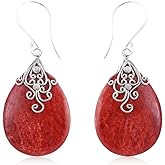 Red Coral Dangle Earrings for Women in 925 Sterling Silver - Dangling Drop Coral Earrings Handmade Birthstone Vintage Boho Jewelry Birthday Valentines Day Gifts for Women