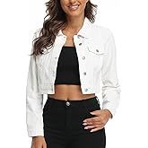 PEIQI Women’s Cropped Jean Denim Jacket Button Down Long Sleeve with Pockets