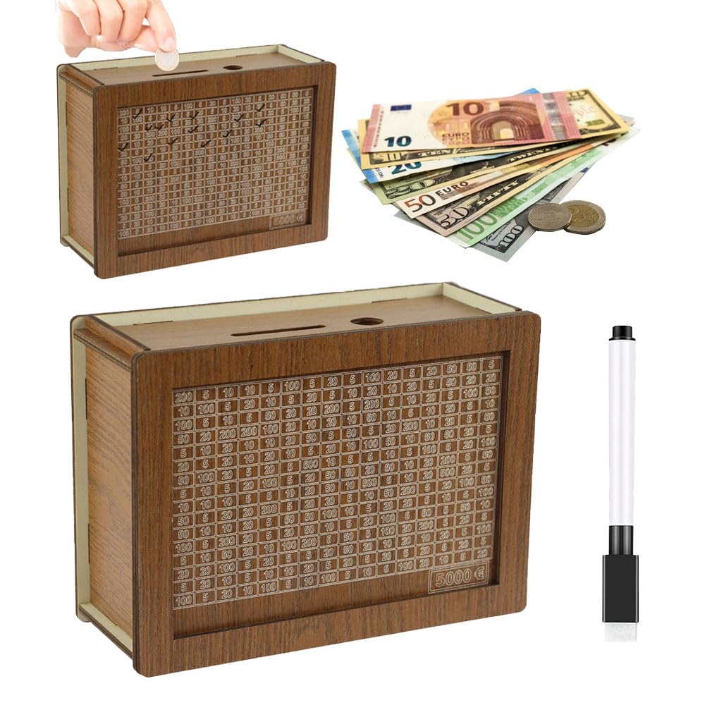 Wooden Money Box With Counter, Piggy Bank Wood Reusable Wooden Money Jar, Money Saving Box With Erasable Pen Money Saving Bank Help Budget Boxes For Adults (5000)