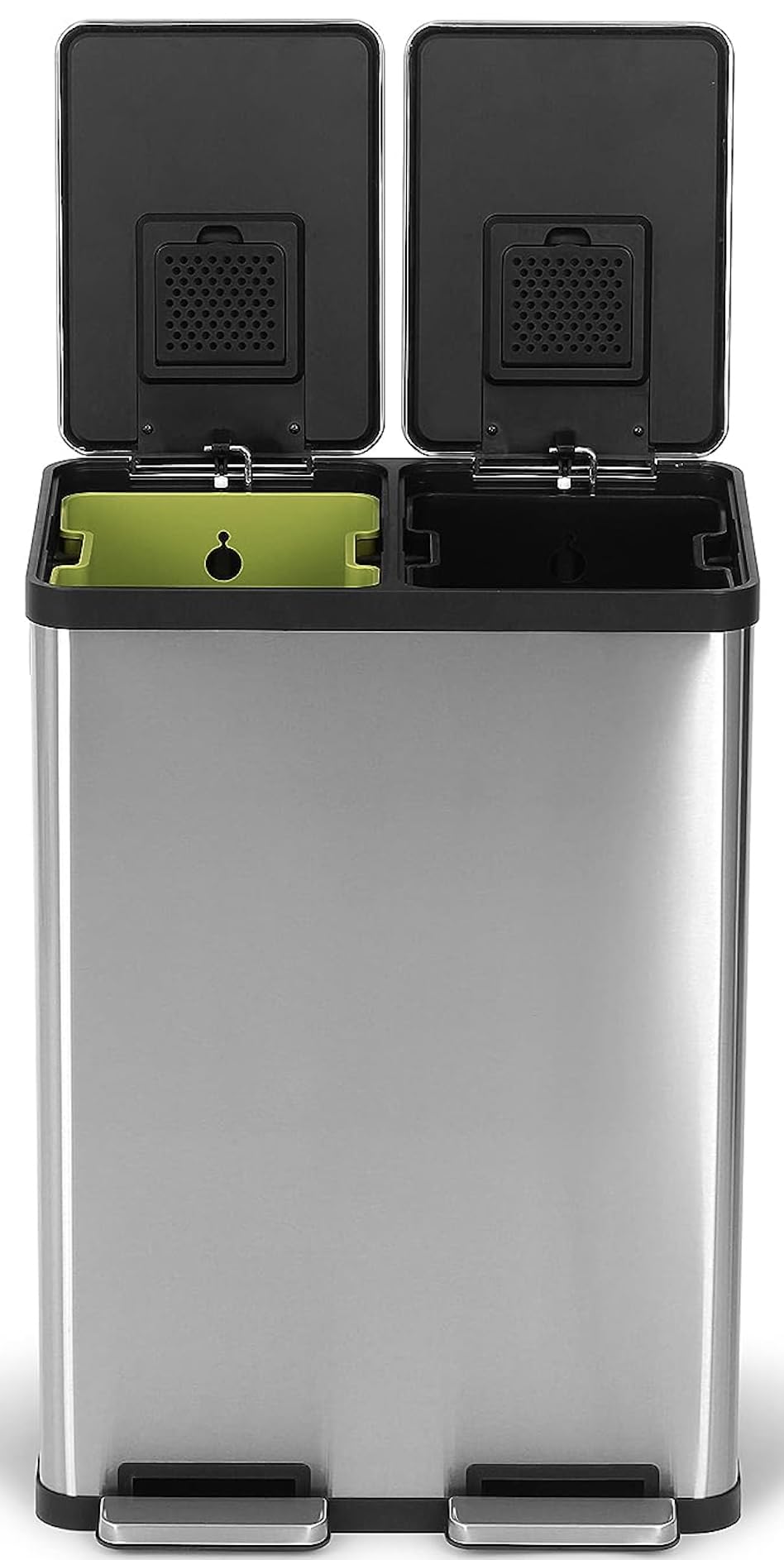 Photo 1 of (out of box, dents) SIMPLI-MAGIC 60 Liter / 16 Gallon Rectangular Hands-Free Dual Compartment Recycling Kitchen Step Trash Can with Soft-Close Lid, Brushed Stainless Steel (30L x 30L Capacity)