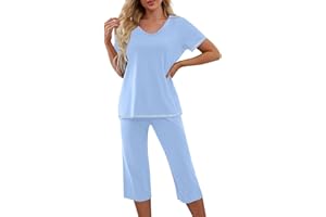 Sdwingk Women's Pajama 2 Piece Sets Short Sleeve Tops and Capri Pants Printed Sleepwear Comfy Loungewear Casual Lounge Set