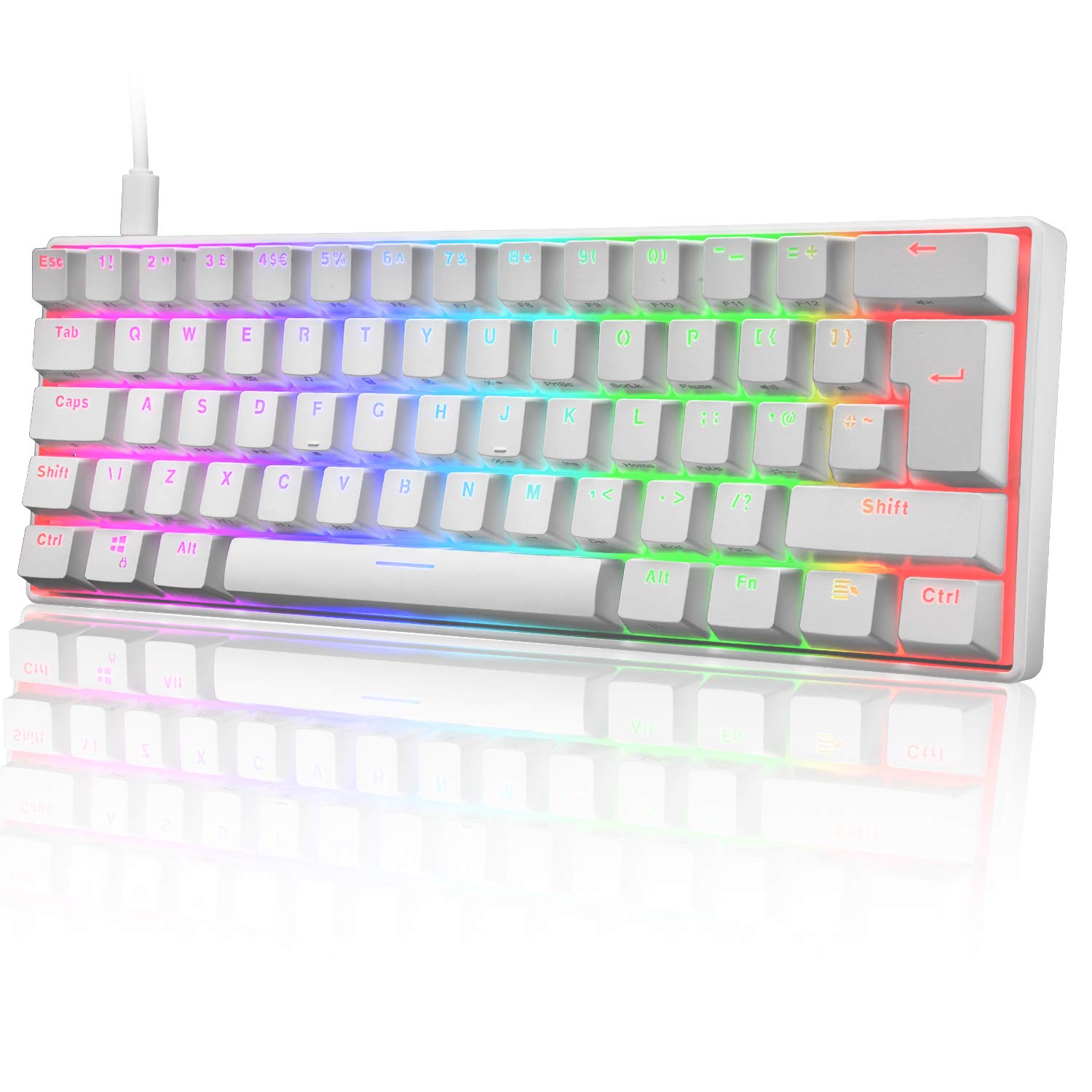UK Layout 60% True Mechanical Gaming Keyboard Type C Wired 62 Keys LED Backlit USB Waterproof Keyboard 14 Chroma RGB Backlight Full Anti-ghosting Keys for Computer/PC/Laptop/MAC (White/Blue Switch)