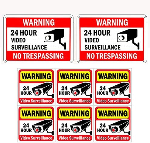 WISLIFE Video Surveillance Sign Set, 2 (10" X 7") Aluminum Warning Signs & 6 (6"X6") Window Stickers, Video Security Signs