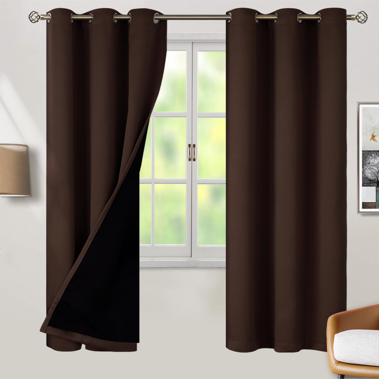 BGment Thermal Insulated 100% Blackout Curtains for Bedroom with Black Liner, Double Layer Full Room Darkening Noise Reducing Grommet Curtain (42 x 72 Inch, Brown, 2 Panels) Image
