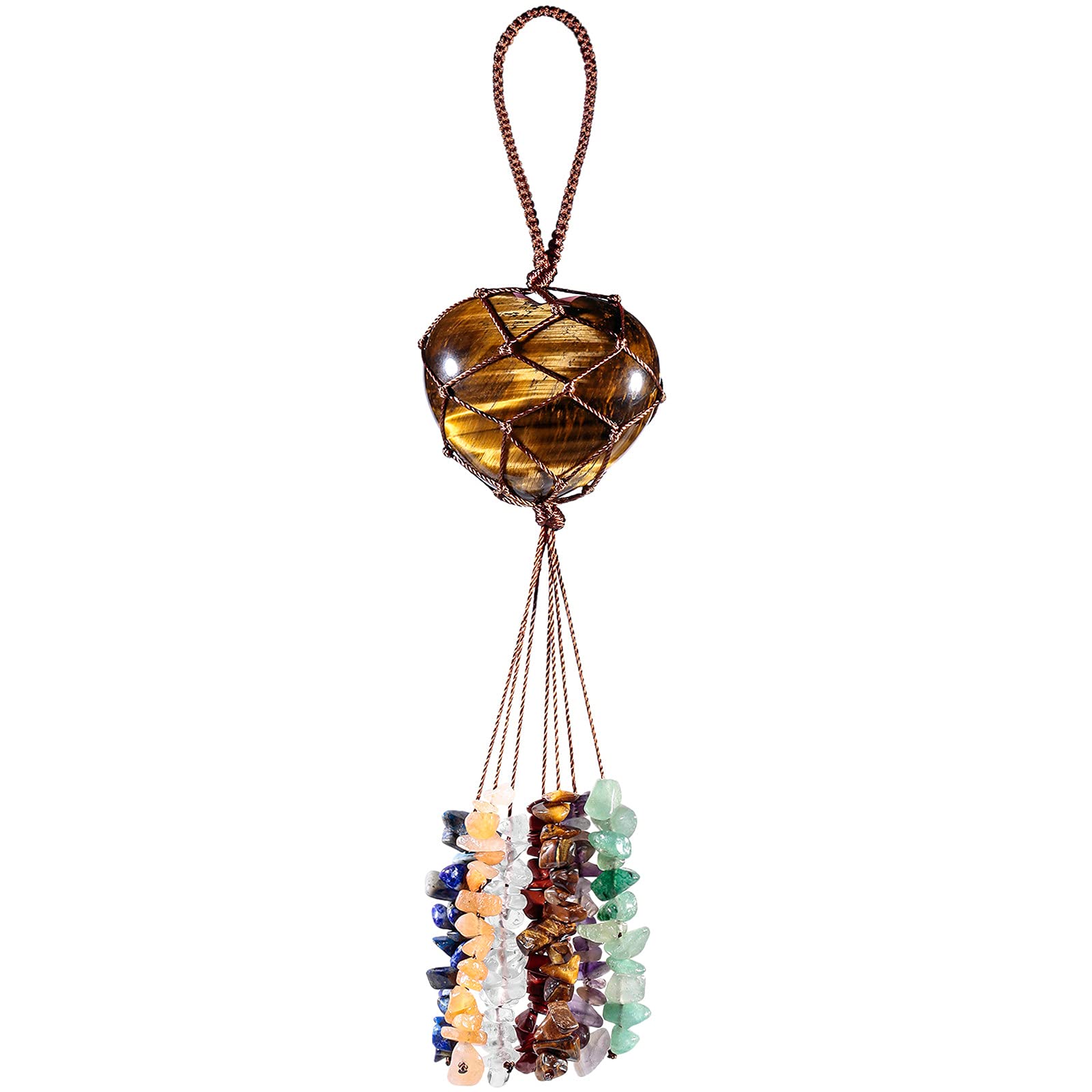 Nupuyai Tiger's Eye Heart Crystal Stone Tassel Hanging Ornament, Fengshui Crystals 7 Chakra Reiki Healing Ornament for Home Car Good Luck Wedding Decor