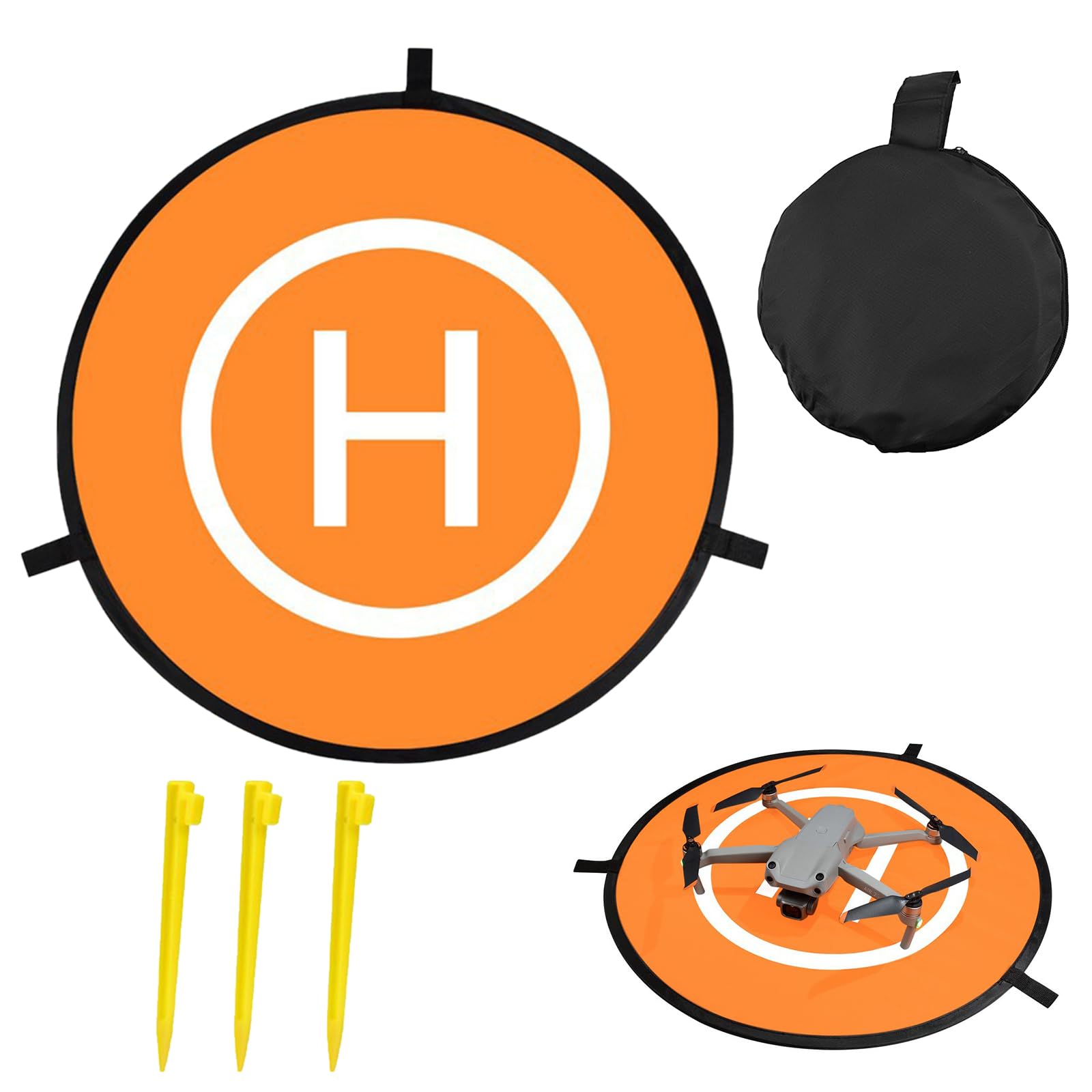 Drone Landing Mat, Portable Drone Landing Pad, Foldable Helicopter Landing Pad, Waterproof Foldable Helipad, Orange, Single Sided, Diameter 55cm, With 1 Storage Bag and 3 Ground Spikes