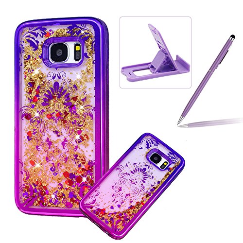 Glitter Liquid Clear Case for Galaxy S7,,Herzzer Luxury [Unique Flower Pattern] Soft Flexible with Electroplated Frame Flowing Sparkle Love Heart Star Crystal Back Case