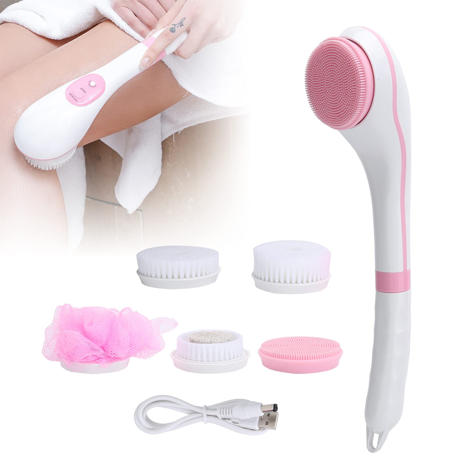 USB Charge Electric Body Bath Brush, 6 Gears Adjustable Bath Body Brush Set Shower Brush Back Scrubber Multi‑Function Long Handle Massage,Long Handle for Body Scrubbers for Use in Shower (Pink)