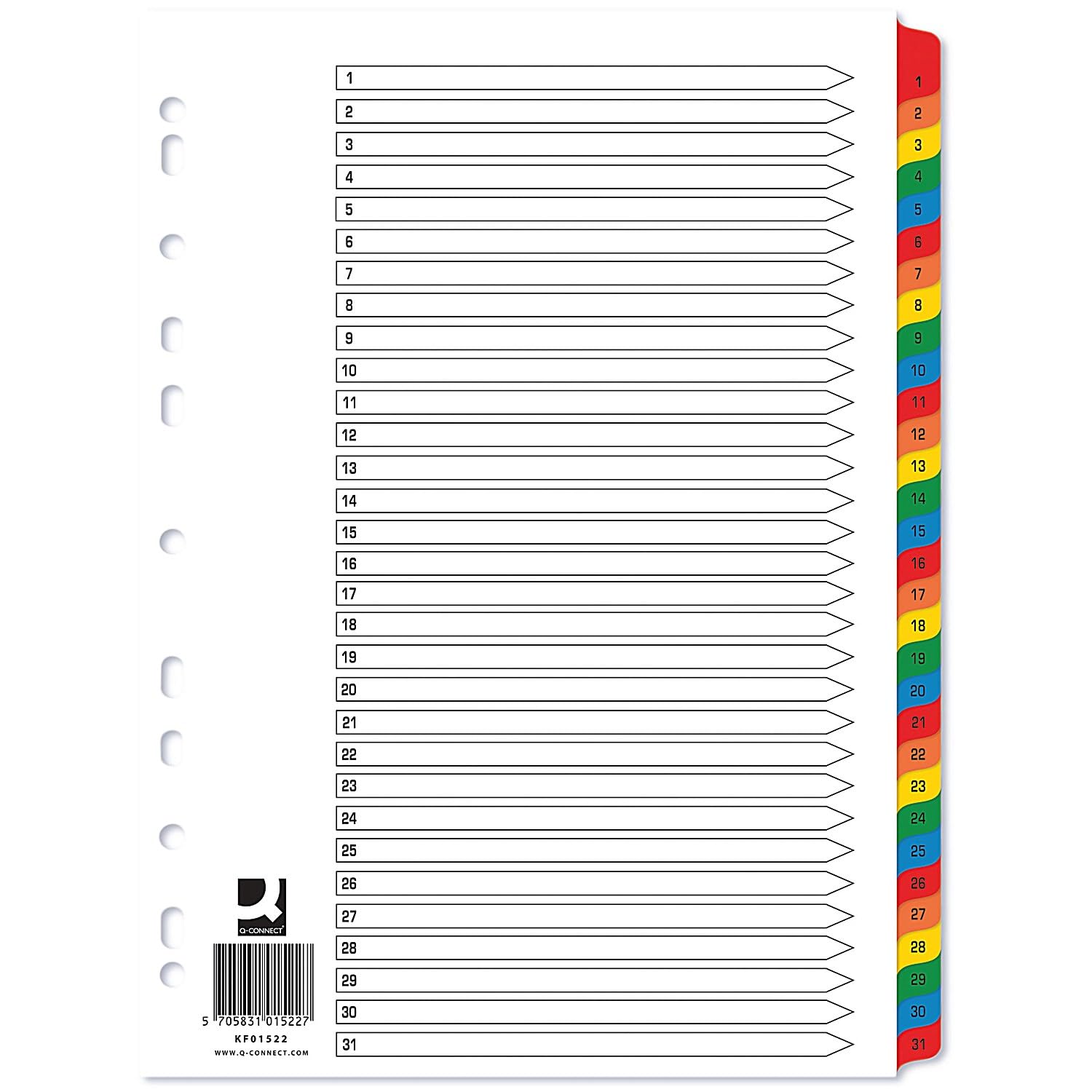 Q-Connect 1-31 Index Multi-punched Reinforced Board Multi-Colour Numbered Tabs A4 White KF01522