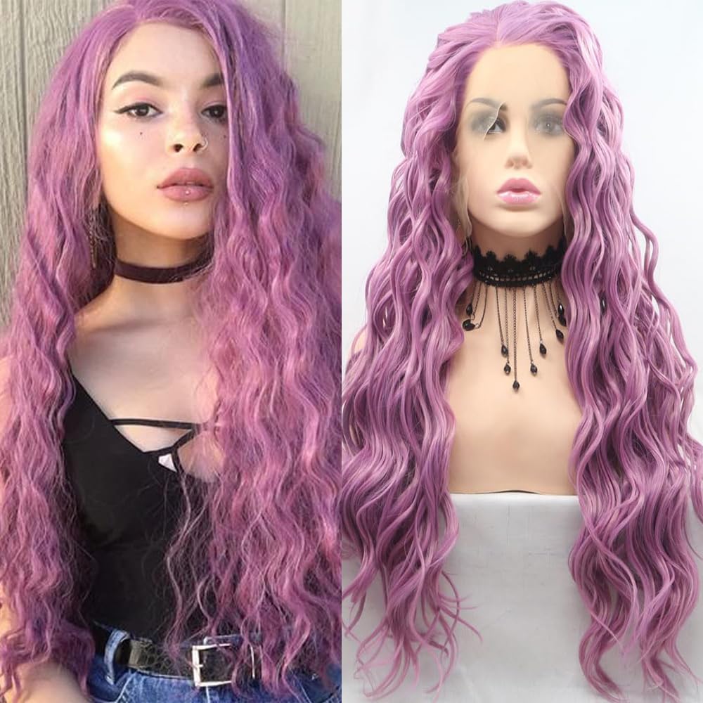Xiweiya Long Curly Purple Lace Front Wig Lavender Purple Lace Wig Middle Part Heat Resistant Fiber Natural Looking Glueless Hair Replacement for Women Drag Queen 26inch