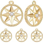 Beebeecraft 1 Box 10Pcs Compass Charm 18K Gold Plated Brass Flat Round Cubic Zirconia Star Charm for Jewelry Making DIY Crafts Necklace Pendant