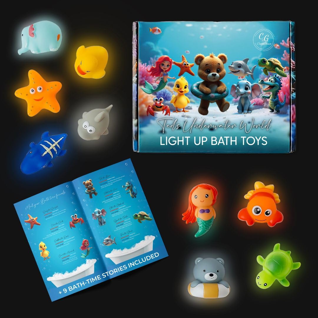 CalmGenix Set of 9 Light Up Bath Toys for Kids, 9PCS LED Sensory Bath Toys with 9 Bonus Interactive Stories Included & Packed In a Box – Fun for Parents with Newborns & Toddlers
