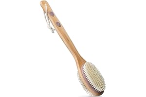 MainBasics Back Scrubber for Shower – Long Handle Dual-Sided Brush for Body Wash & Scrubbing with Exfoliating & Soft Bristles (Lavender, Wood)