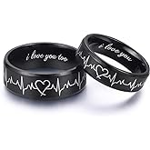 LAVUMO Heartbeat Rings for Couples I Love You Matching Promise Rings Wedding Bands Sets for Him and Her with Box Stainless Steel Comfort Fit