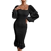 PRETTYGARDEN Women's Long Puff Sleeve Floral Midi Bodycon Dresses Square Neck Ruffle Mermaid Smocked Dress