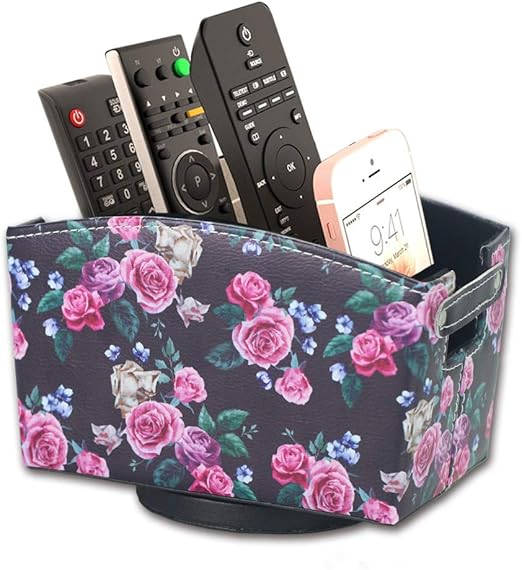 Amazon Com Lizimandu Designs Tv Remote Control Holder Pu Leather Caddy Bedside Organizer Office Supplies Nightstand Storage Desk Accessories Rotating Base Faux Leather Multiple Compartments Black Rose Electronics