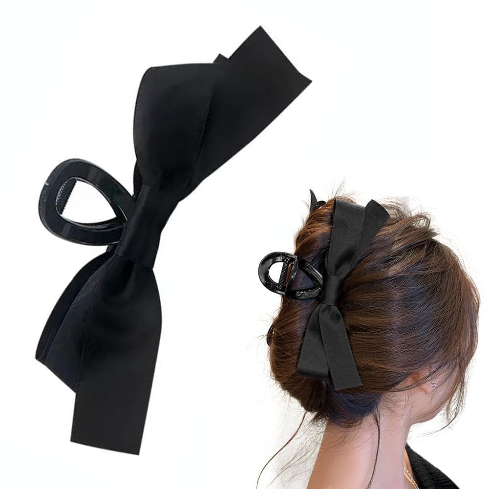 gaobaozhu Black Hair Bow Claw Clip for Women Girls Large Satin Bow Barrettes Hair Barrettes Accessories Stylish Strong Hold Hair Claw Barrette Gifts