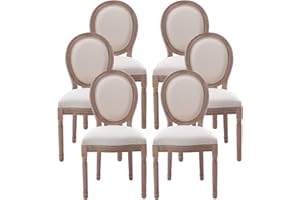 Nrizc French Dining Chairs Set of 6, French Country, Vintage Farmhouse Dining Chairs with Round Back, Solid Wood Beige Fabric Dining Room Chairs, for Kitchen, Bedroom