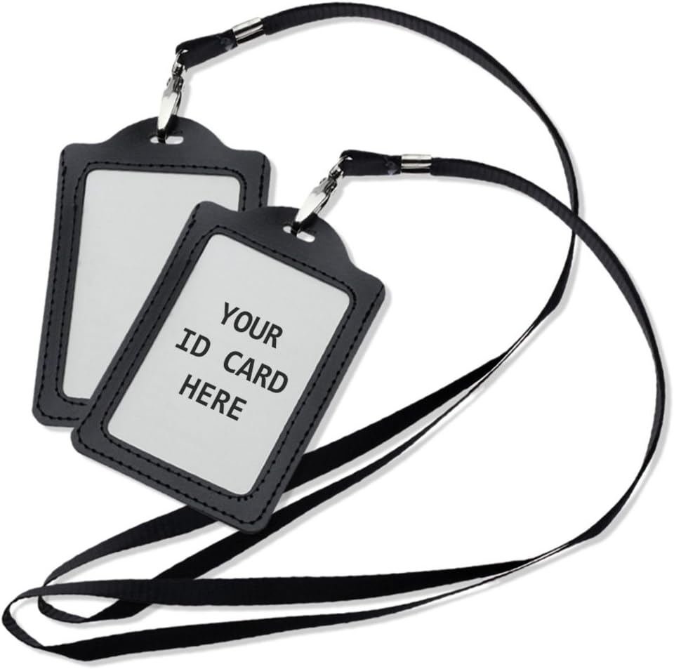 2x Black Faux Leather ID Card Holder Badge Combo Lanyard 18" Long Neck Strap for Offie, Event, Exhibition, Party (Pack of 2)