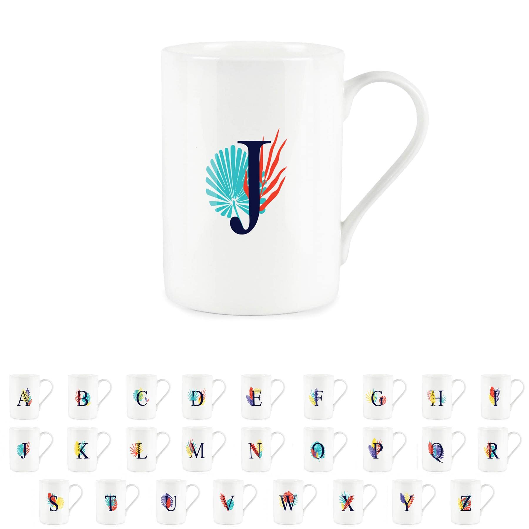 Purely Home Tropical Leaves Letter J Mug - Palm Leaf Botanical - Initials Personalised Bone China White Alphabet Mug Coffee/Tea Gift
