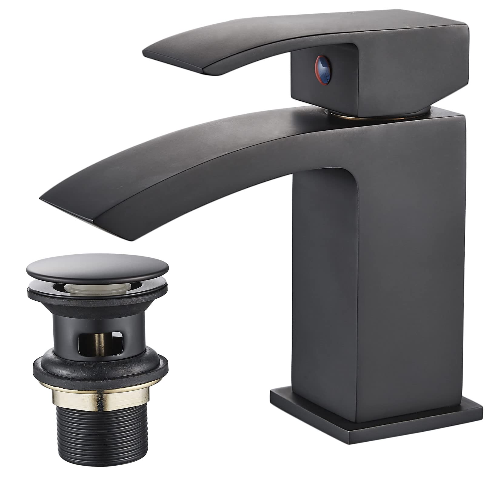 Luckyhome Basin Taps with Waste Mono Bathroom Waterfall Basin Taps Mixer Faucet（Black） — image 1