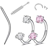LAURITAMI 18G 20G Horseshoe Nose Rings Studs,Surgical Steel Nose Ring Pink Cubic Zirconia Nose Piercing,Internally Threaded Nose Rings For Women,Pink and Silver Zirconia