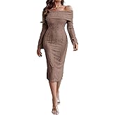 CHICME Womens Sexy Off Shoulder Bodycon Sweater Dress Long Sleeve Hollow Out Slim Fit Party Midi Dress