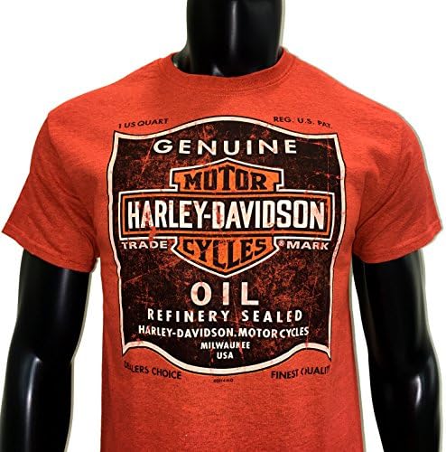 Lake Shore Harley Davidson Men's Harley-Davidson Orange Short Sleeve Tee, Shop Oil, Train Heist Theme (Medium)