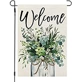 CROWNED BEAUTY Spring Eucalyptus Mason Jar Garden Flag 12x18 Inch Double Sided for Outside Welcome Burlap Small Yard Flag Green