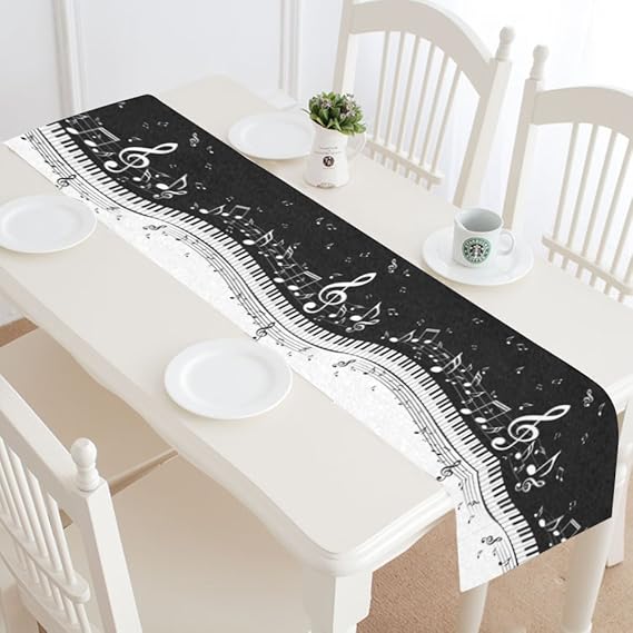 INTERESTPRINT Music Notes Black and White Table Runner Home