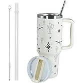 AGH 40 OZ Tumbler with Handle Laser Bull Head Pattern, Stainless Steel Insulated Cup with Lid Straw, Travel Coffee Cup Portable Car Tumbler for Outdoor Camping, Birthday Gift (Cream White)
