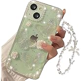 Changjia for iPhone 14/iPhone 13 Clear Glitter Case,Cute 3D Butterfly Flower Pearl Bling Sparkle Shiny with Wrist Strap Soft TPU Silicone Aesthetic Women Girls Phone Case for iPhone 14/13 6.1" (Clear)