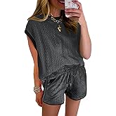 SHEWIN Women's 2 Piece Lounge Sets Casual Cap Sleeve Pullover Tops and Drawstring Shorts Tracksuit Sets