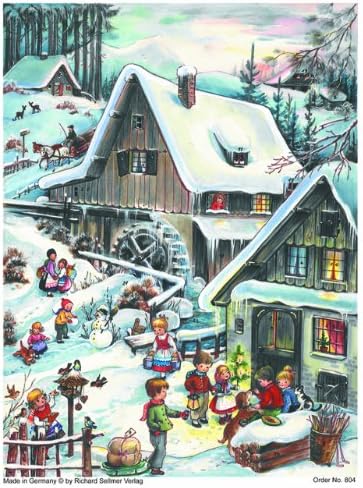 Advent Calendar 24 Doors 297 x 210 mm - Snow Scene Traditional Village - with Glitter and Translucent Windows - RS804 - Traditional Antique German Design