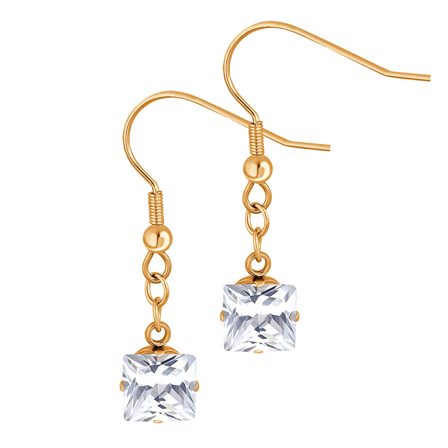 555Jewelry Stainless Steel Sparkly Princess Cut CZ Crystals Drop Dangle Square Earrings for Women, Rhinestones Earrings for Women, Non Allergic Nickel Free Earrings, Rose Gold