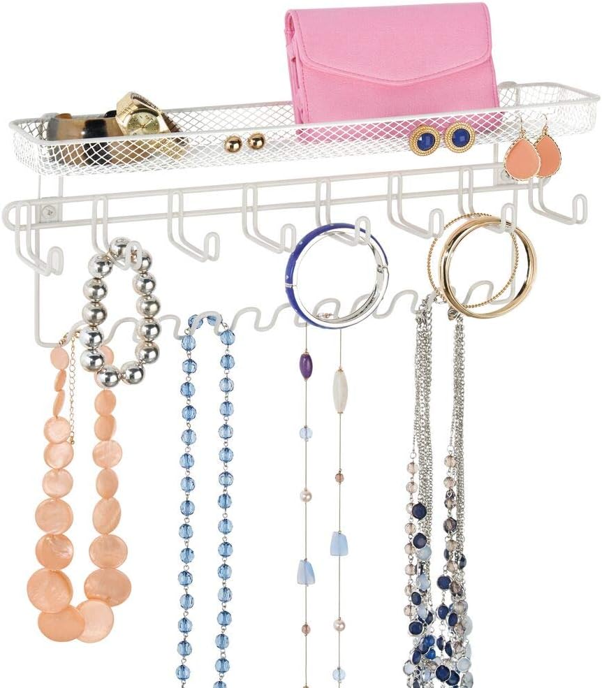 mDesign Decorative Metal Closet Wall Mount Jewelry Accessory Organizer for Storage of Necklaces, Bracelets, Rings, Earrings, Sunglasses, Wallets - 8 Large /11 Small Hooks, 1 Basket - White: Home & Kitchen
