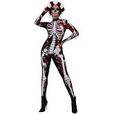 PARTY TELLER Women's Day of the Dead Flower Skeleton Jumpsuit with Headband | Long sleeve graphic printed tight bodysuit, gothic floral halloween costume retro sugar skull festive outfits