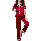 WJing Yi Jia Womens Pajamas Set XS-3XL Floral Silk Satin Pajama Sets Silky Pj Sets 2Pcs Loungewear Sleepwear Button Down Pjs