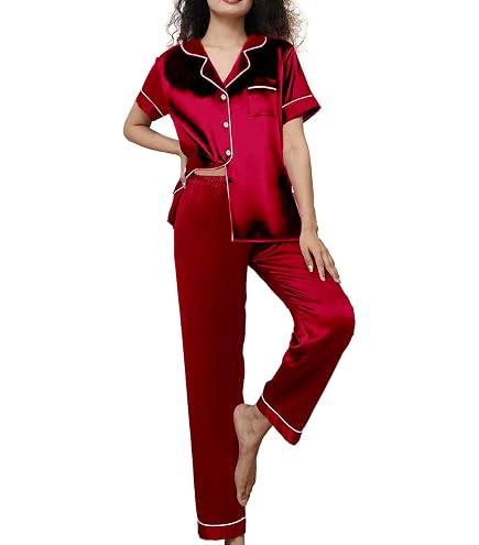 WJing Yi Jia 5Pcs XS-XXL Womens Silk Satin Pajamas Sets Long Pj