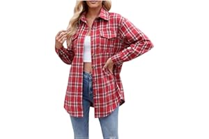 GENERIC Flannel Plaid Shirts for Women Oversized Button Down Lapel Blouse Tops Long Sleeve Loose Casual Jackets with Pockets