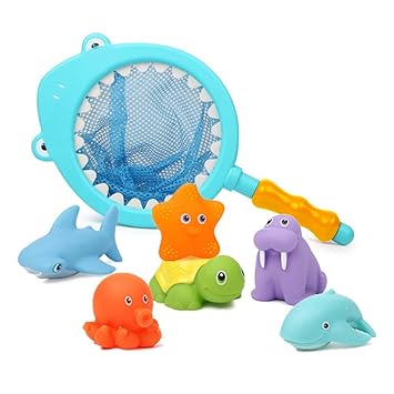 Badespielzeug mit Fischernetz, schwimmende Tiere, Fangnetz, Spielset für Badezimmer, Poolzubehör, Haifischangeln für Babys un