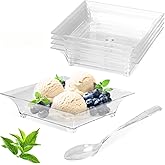 piopiocoing 100 Pack 1 oz mini Square Dessert Plates for Appetizers，Mini Plastic Plates with Spoons，Reusable Square Small Party Serving Bowls for Trifle, Cheesecake, Ice cream