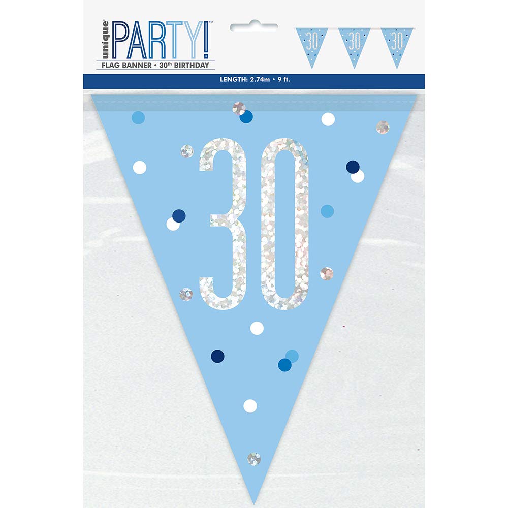 Unique Party 83439-9ft Glitz Blue & Silver 30th Birthday Bunting Banner
